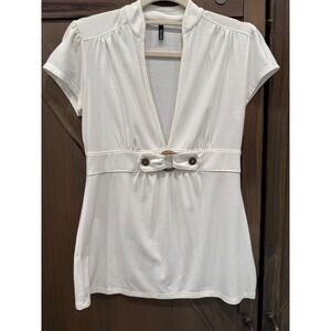 Y2K Maurice's Cream Empire Waist Top Deep V Boho Ring Detail